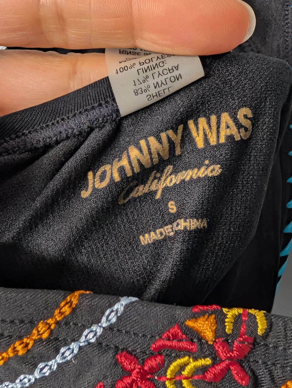 Johnny Was Black Halter One-Piece Bathing Suit with Floral Embroidery Size Small